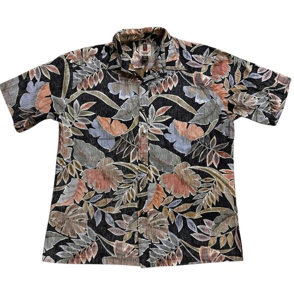 Tori Richard Honolulu Large Texture Cotton Aloha Shirt Black Tropical Leaf Print - Picture 1 of 5